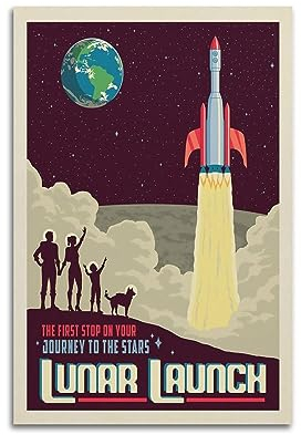 Vintage Space Poster Journey to The Moon & Stars Poster Dekorative Malerei Leinwand Wandposter und Kunstdruck Modern Familie Schlafzimmer Dekor Poster 40 x 60 cm