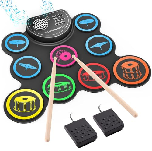 Sboet Electronic Drum Set, 9-Drum Practice Pad with Headphone Jack, Roll-up Drum Kit Machine with Built-in Speaker Drum Pedals and Sticks 10 Hours Playtime, Great Christmas for Kids