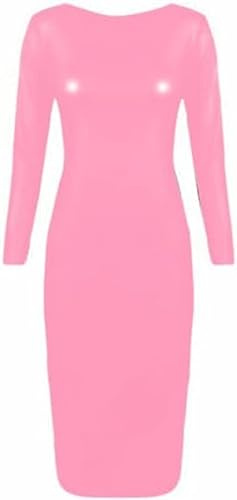 PVC Sexy Robe Mince Soirée Club Robe Midi À Manches Longues Moulante En Caoutchouc Mince Longue Robe Robe,Rose,XS
