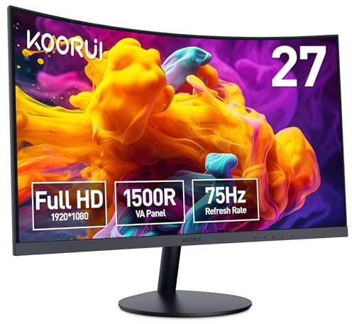 KOORUI 27 Inch Curved Monitor FHD 1080P 75Hz Gaming Monitors Computer Monitor With Hdmi Vga, Adjustable Tilt, 1500R, Eye Care, Black, 27N5Ca