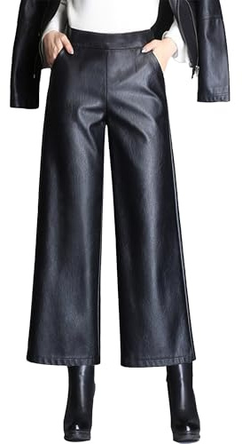 Nexstone Women's Faux PU Leather Pants High Waist Wide Leg Trousers Culottes (Black-XS)