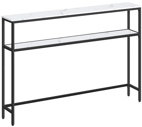 VASAGLE Konsolentisch, schmaler Sofatisch mit 2 Ablagen, 20 x 120 x 80 cm, Flurtisch, 2 Ebenen, für Flur, Wohnzimmer, Schlafzimmer, marmorweiß-tintenschwarz LNT133W59