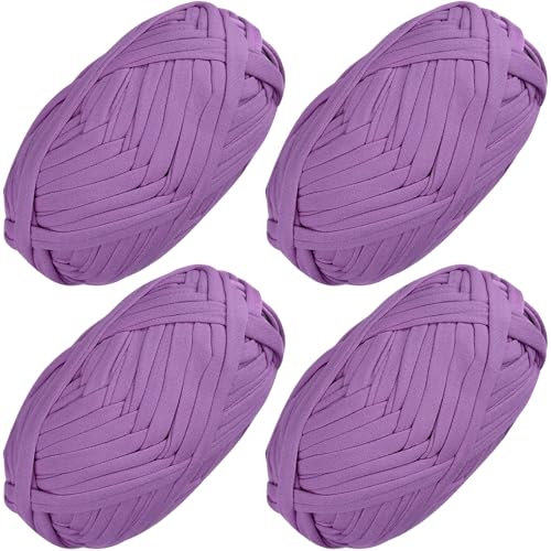 4 PCS Anfänger T-Shirt Garn elastischen Stoff häkeln Tuch Garn für DIY Stricken, Spaghetti Garn dicke Strickgarn für Hand DIY Tasche Decke Kissen Häkeln Projekte, Home Decor(Dunkelviolett)