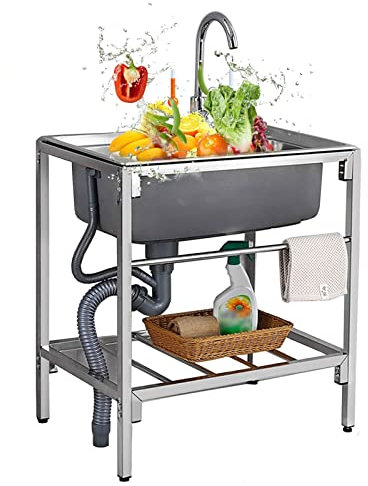 Fregadero de acero inoxidable de 1 lavabo móvil con grifo para garaje, jardín, camping, sótano con colador de drenaje para cocina, taller, granja, catering (71 x 47 x 75 cm)