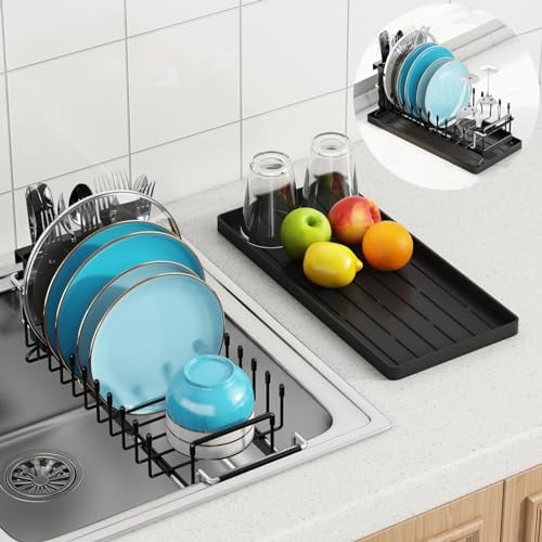 ANTOPY Escurridor de platos para fregadero, estante pequeño expandible sobre fregaderos con bandeja de secado de silicona, escurridor de platos para encimera de cocina con soporte para cubiertos,