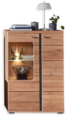 Stella Trading Vitrine in Altesche massiv, Old Artisan Oak Optik FSC-Zertifiziert - Moderner Vitrinenschrank mit LED-Beleuchtung und viel Stauraum - 90 x 134 x 38 cm (B/H/T)