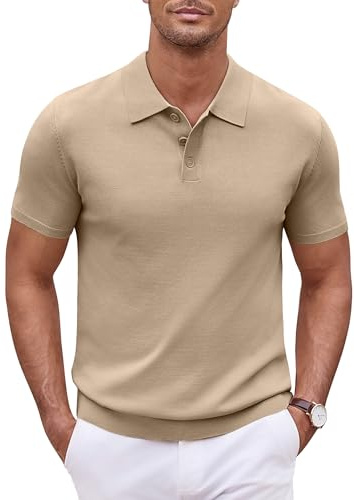 COOFANDY Men's Polo Short Sleeve Knitted Shirts Casual Summer Golf Solid Color Polo Shirts for Men Khaki L