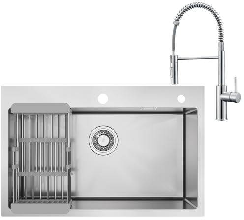 CECIPA 70 x 45 CM Fregadero Cocina 1 Seno con Grifo Cocina Muelle, Fregadero Multifuncional Inox con Escurridor