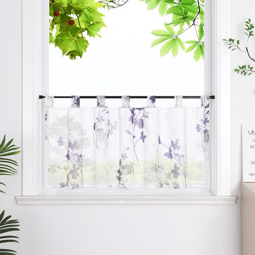 HeichkelL Scheibengardine, Leinenoptik Bistrogardine, Violett HxB 45x90cm | Gardine mit Blätter, Transparent Gardine, Kurzstores mit Schlaufen