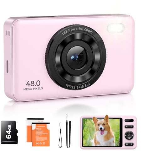 Digital Camera with 64GB Card Autofocus 2.7K 48MP Kids Camera with 16X Zoom Anti Shake 2 Batteries, Compact Portable Small Point and Shoot Digital Cameras Gift for Kid Student Children Teen Girl Boy