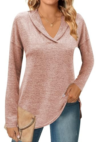 Famulily Comfy Shawl Neck Polo Shirts Sweatshirt for Women V Neck Soft Long Sleeve Jumper Sweater Tops (L, Pink)