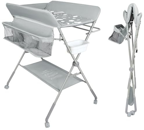 Table a Langer Pliante, Table à Langer Réglable en Hauteur avec Panier de Rangement, Ceinture de Sécurité et 4 Roues avec Frein,Motif nuage, 4 hauteurs réglables 95/97/99/101cm (gris clair)