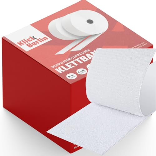 Klick Berlin Klettband Selbstklebend Extra Stark 5 cm x 8 m | Klett klebt auf vielen Flächen | Klettverschluss | 50 mm breit, 8 Meter lang | Weiß