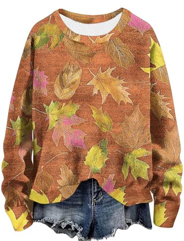 FGVFCS Damen-Pullover, Übergröße, Strickoberteil, Ahornblatt-Druck, Sweatshirts, langärmelig, Rundhalsausschnitt, bequem, lockerer Pullover, Damen, Herbstkleidung, elegant, zum Ausgehen, 01 orange,