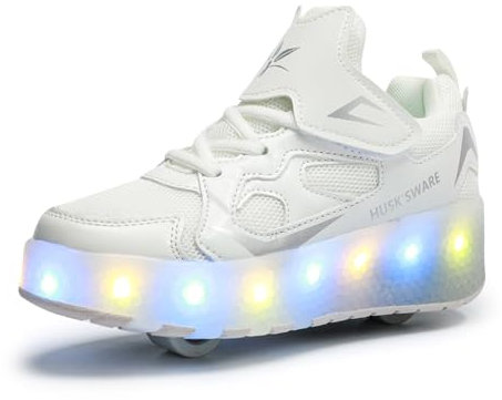 Scarpe da Ginnastica per Bambini, Scarpe da Skateboard a Due Ruote, Luce a Cambio Colore Regolabile, Ricarica USB, Universale per Ragazzi e Ragazze,Bianco 36 EU.