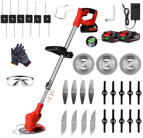 Cordless Strimmer,with Li-ion Battery and Charger Garden Strimmer,Grass Trimmer Retractable for Garden Clearing Weeds Flower Trees (Red)
