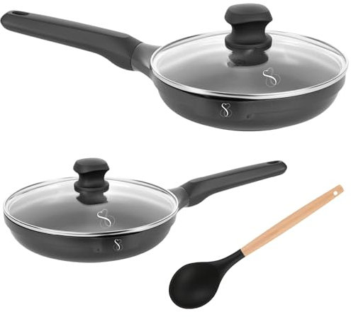 Stone&Stone Juego de 2 sartenes de 20 cm y 24 cm extremadamente antiadherentes | inducción gas | aluminio y acero sartén profesional batería con revestimiento alemán + 2 tapas 1 cuchara | libre de