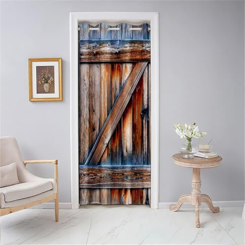 Odot Rideau de Porte à Oeillets, Motif de Porte en Bois Rétro 3D, Rideau d'intérieur Occultant Isolant Thermique, Séparateur de Pièce pour Chambre, Cuisine, Salon (80x180cm, Style H)