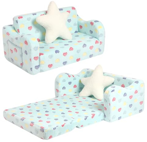 BestRoyal Comfy Toddler Couch, Extra Wide Foldable Kids Sofa, Lake Blue