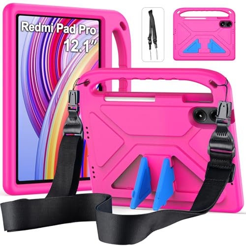 RollinCase Funda Infantil para Xiaomi Redmi Pad Pro 12.1 Pulgadas 2024, Carcasa Antigolpes con Asa y Correa, Magenta