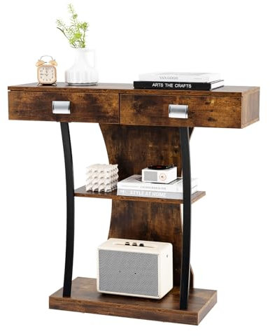 RELAX4LIFE Tavolino Consolle Ingresso, con 2 Cassetti e Scaffale a 2 Piani, Struttura in Metallo, Ampio Piano d'Appoggio, Piedini Antiscivolo, per Casa