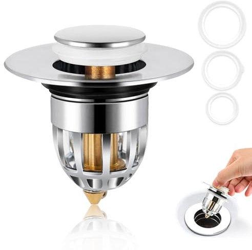 Tapon Fregadero Cocina - Válvula Lavabo - Núcleo de Cobre y Cuerpo de ABS, Acabado Cromado, Diseño Pop-Up, Apto para Baño y Cocina (34–40mm) (Plateado)