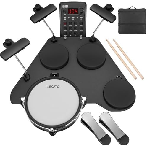 LEKATO Elektronisches Schlagzeug-Set mit leisen Mesh-Pads, CPD-1000 Tragbares elektrisches Schlagzeug-Set, 20+ Sounds, USB MIDI, 2 verbesserte Pedale, Sticks, Reisetasche