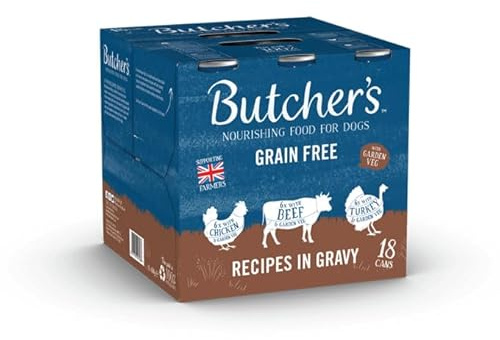 Butcher's Complete Wet Can Adult Dog Food Recipes in Gravy Pack 18x400g | Grain Free for Sensitive Stomachs - Complete & Balanced - British & Irish Farmed - Contains Chicken, Beef & Turkey Recipes