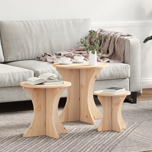 JHQHSM Table basse en bois massif 3 pièces - Table de salon rustique en pin - 46 x 46 x 47 cm - Avec plateau rond et pieds stables - Pour la décoration des livres et des boissons - Durable