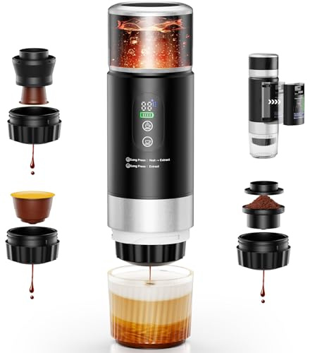 Tragbare Espressomaschine ,Mini Kaffeemaschine für Unterwegs mit 2*7500 mAh Akkus,3 in 1 Akku Kaffeemaschine mit USB,Selbsterhitzend,Kompatibel mit Gemahlenem Kaffee und Kapseln für Wandern, Camping