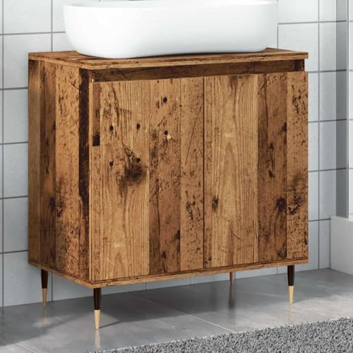 Tonture Armario de baño con aspecto de madera antigua con patas de hierro, 58 x 33 x 60 cm, mueble de baño, armario para lavabo e invitados