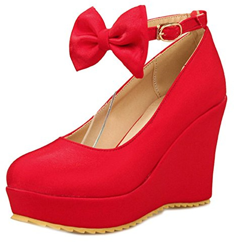 Smilice Damen Süß Keilabsatz Plateau Pumps mit Fesselriemen Bogen (Rot, 37 EU)