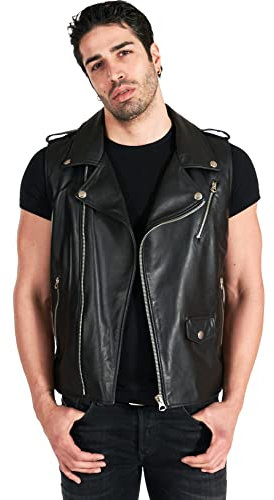 D'Arienzo - Chiodo Gilet in Pelle Nera Smanicato Uomo Made in Italy Vera Pelle Giacca Giubbotto Giubbino Moto Nero/54