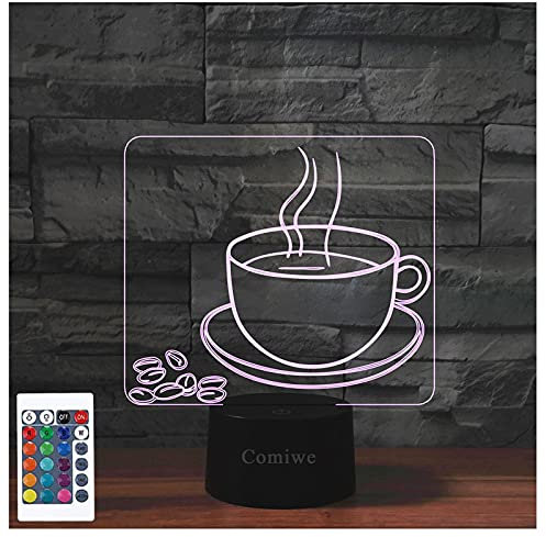 Comiwe Kaffeetasse 3D Illusion Nachtlicht Spielzeug,Dekoration LED Nachttischlampe 16 Farben Ändern mit Fernbedienung,Weihnachten Deko Lampe Geburtstagsgeschenk Für Mädchen Jungen Kinder und Freunde