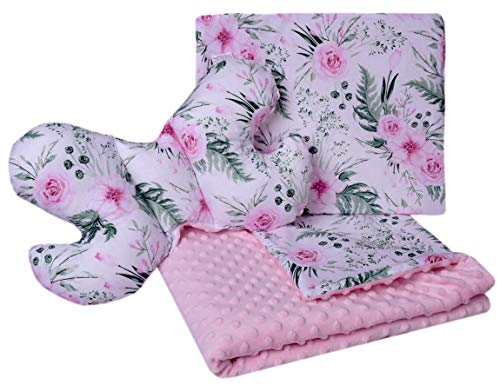 Medi Partners Babydecke Krabbeldecke Set 3in1 100% Baumwolle Minky Kinderdecke 55x75 + 35x30cm flaches Kissen und Anti-Schock-Kissen Schmetterling (Blument mit Hellrosa Minky)