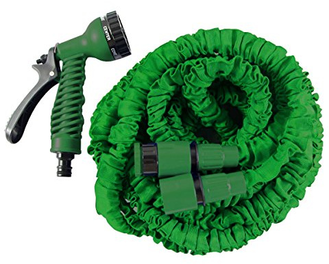 HELO Flexibler Gartenschlauch dehnbarer Wasserschlauch 22,5 m ausgedehnt (7,5 m gefaltet), Farbe: Grün - Flexibler Garten Flexischlauch mit verstärktem Gewebe inkl. 7 Funktionen Spritzpistole