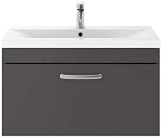 Nuie ATH080A Athena ǀ Modern Bathroom Wall Hung Contemporary Single Soft Close Drawer Vanity Unit with One Tap Hole Mid Edge Deep Ceramic Basin, 800mm, Gloss Grey, Manufactured Wood