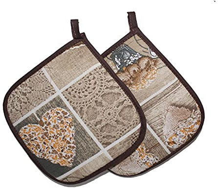 Russo Tessuti Coppia 2 Presina Forno Shabby Cuore Allungato Cucina Cordinato 19x19cm-Marrone