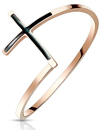 Paula & Fritz® Damen-Ring roségold 1mm schmal Kreuz schwarz Edelstahlring Freundschaftsring Partnerring R-M7086R_80