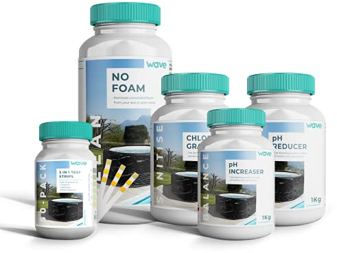 Wave Hot Tub Chemicals Starter Kit for Hot Tub and Spa Water Treatment – Contains Chlorine Granules, pH Plus, pH Minus, No Foam and Test Strips