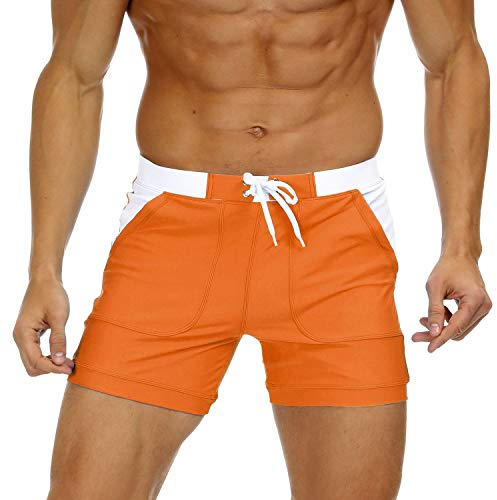 KEFITEVD Quick Dry Swim Briefs for Men Sexy Spa Trunks Beach Surf Shorts Elastic Waist Stretchy Short Board Pants, Orange, 32