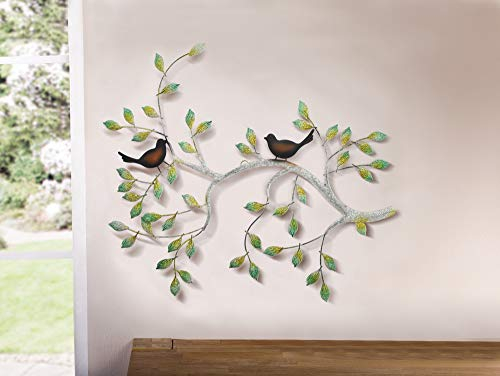 Dekoleidenschaft Wanddeko Ast mit Vögeln aus Metall, 61x47, farbig patiniert, Wandbild, Metalldeko, Metallbild