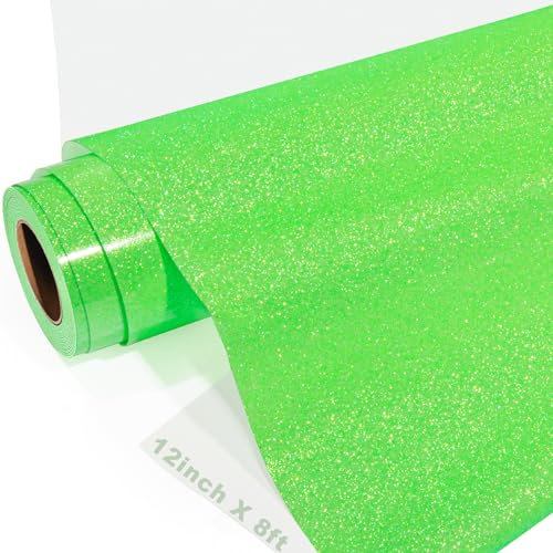 GIRAFVINYL Neon Green Glitter Vinyl, Lime Green Glitter HTV Heat Transfer 12 x 8ft Easy to Weed Iron on Vinyl for DIY T-Shirt, Fabric