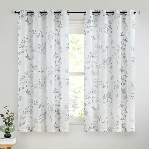 Beauoop Halbdurchsichtige Fenstervorhänge, 160 cm lang, florales Blatt mit botanischem Druck, Vintage, Klassische Leinenstruktur, Vorhänge für Schlafzimmer/Wohnzimmer, 132 cm breit, grau (2 Paneele)