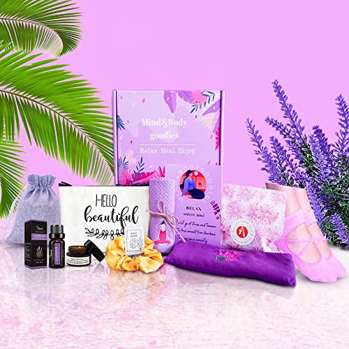 Entspannungs-Geschenkset, 7-teilig, gewichtetes Lavendel-Augenkissen, rutschfeste Yoga-Socken, besticktes Gesichtshandtuch, Satin-Seiden-Haargummi, Sojawachskerze, Karte in einer Geschenkbox.