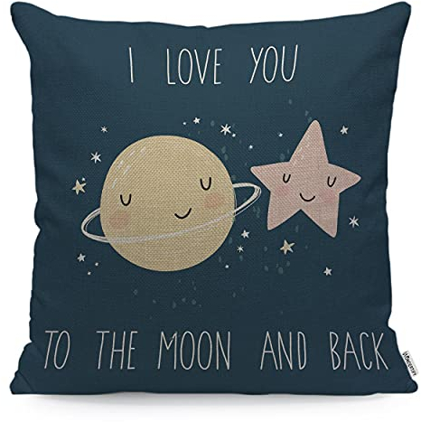 Wondertify Stern-Kissenbezug, niedliches Cartoon-Design, Sterne, Planeten, Zitat I Love You to The Moon and Back, dekorativer Wurfkissenbezug für Couch, Bett, Sofa, Blau, 45 x 45 cm