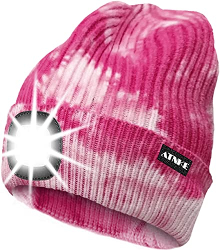 ATNKE LED Beleuchtete Mütze,Wiederaufladbare USB Laufmütze mit Licht Extrem Heller 4 LED Lampe Winter Warme Stirnlampe für Herren und Damen Geschenke/Tie Dye Pink