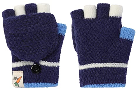 Kinder Halbfinger Handschuhe mit Flip Top Fausthandschuhe Strickhandschuhe Fünf Finger Fäustlinge Winterhandschuhe Gestrickte Fahrradhandschuhe, 3-10 Jahre alt (Dunkelblau-F, One Size)