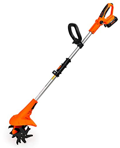 Ukoke 20V 2.5Ah Battery 280 Max RPM Cordless Tiller Cultivator, 24 Steel Blade, 5 Depth x 7.8 Width, Orange