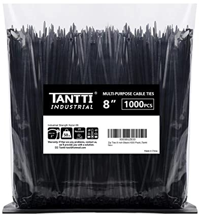 Zip Ties 8 inch Black Zip Ties 1000 Pack, Wire Ties with 50lb Tensile Strength, UV Resistant Cable Ties, Self-Locking Plastic Ties for Indoor and Outdoor Use, by Tantti.